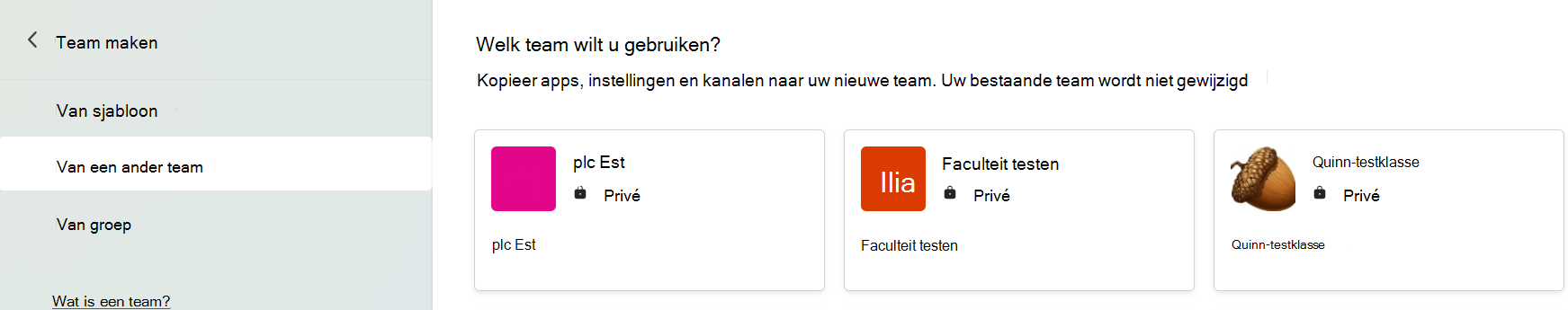 Schermopname van Een team selecteren om apps, instellingen en kanalen te kopiëren.