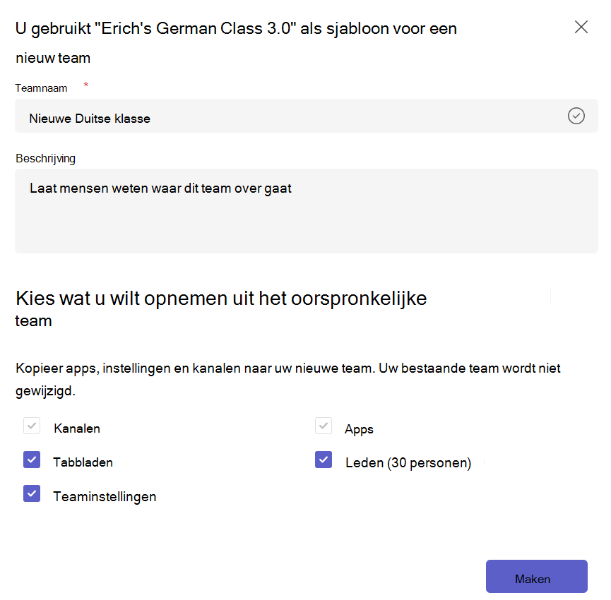 Schermafbeelding waarin wordt weergegeven hoe u een nieuw team maakt op basis van een bestaande teamsjabloon en inhoud selecteert die u wilt kopiëren.