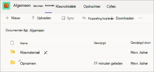 Tabblad Bestanden van een klasteam met de map Opnamen