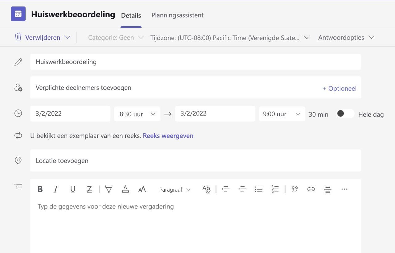 Schermafbeelding van geen vergaderingsdetails in de webversie van Teams.