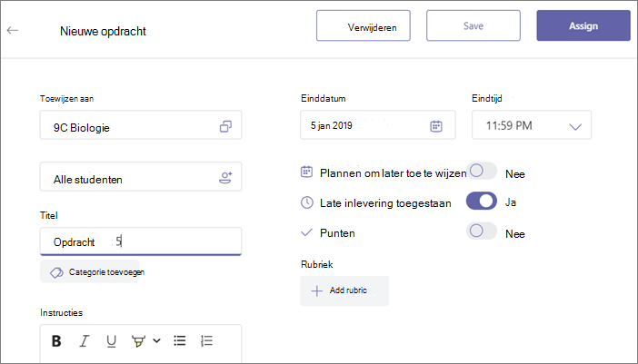 Vul alle details van de opdracht in en klik vervolgens op de knop Toewijzen.