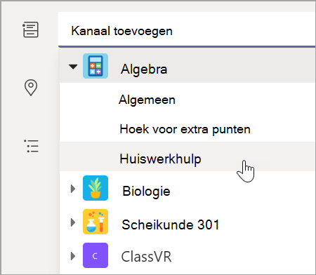 Schermopname waarin u het teamkanaal voor uw klas kunt kiezen.