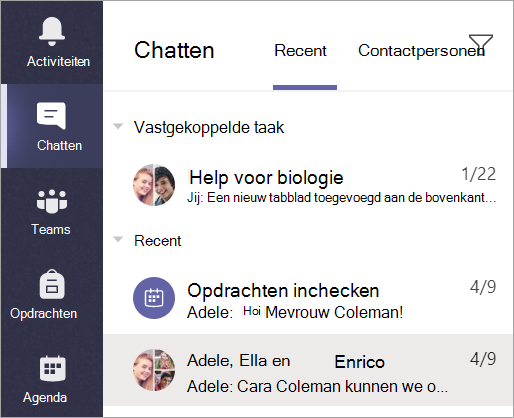 Schermopname die wordt weergegeven om Chat te selecteren in de app-balk.
