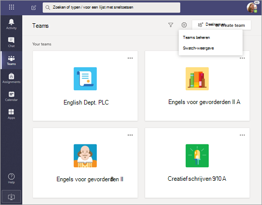 Selecteer Meer opties om teams te beheren of om een andere weergave te kiezen.
