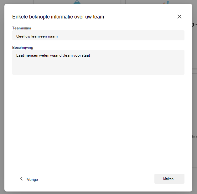Schermafbeelding van het instellen van een team.