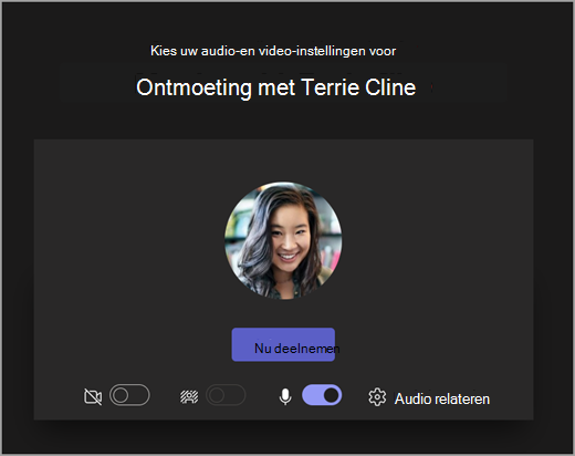 Schermopname van het openingsscherm wanneer de leerling/student een vergadering begint in Microsoft Teams for Education.
