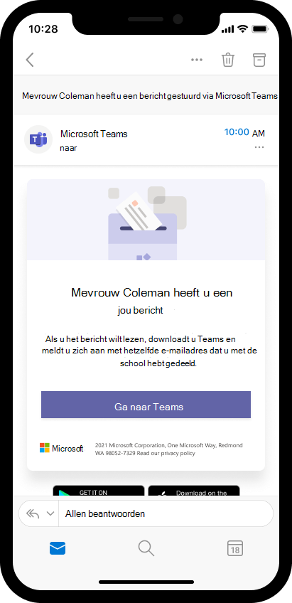 Schermopname van e-mail op mobiel apparaat waarin ouders worden uitgenodigd om een docentenbericht te openen in Teams.