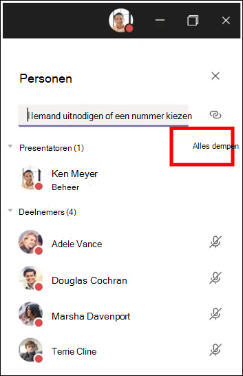 U kunt alle deelnemers in een vergadering dempen.