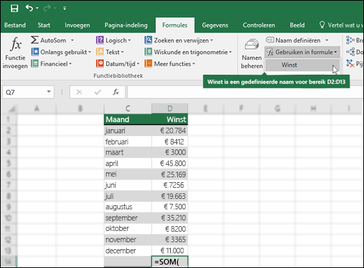 Klik op Gebruiken in formule om een gedefinieerde naam aan een formulesyntaxis toe te voegen