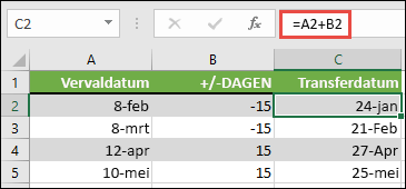 Dagen optellen bij of aftrekken van een datum met =A2+B2, waarbij A2 een datum is en B2 het aantal dagen is dat moet worden opgeteld of afgetrokken.