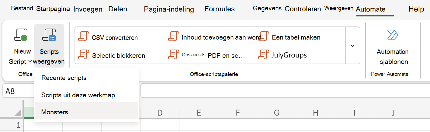Selecteer Automatiseren om de opties voor Office-scripts te bekijken.