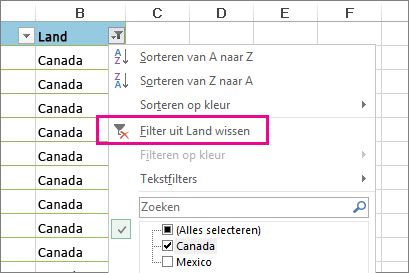 De knop Filter uit <'kolomnaam'> wissen