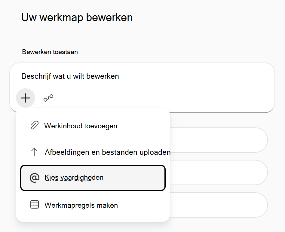 Schermopname van het menu 'Werkinhoud toevoegen' van Copilot in Excel, met 'Vaardigheden kiezen' gemarkeerd.