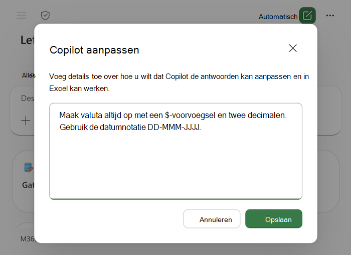 Schermopname van het dialoogvenster Copilot in Excel voor persoonlijke instellingen, met voorbeelden in het tekstgebied.