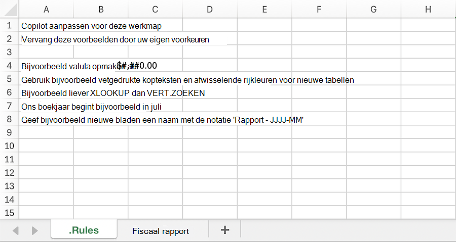 Schermopname van een Copilot-werkmap in Excel met een voorbeeld . Werkblad Regels.