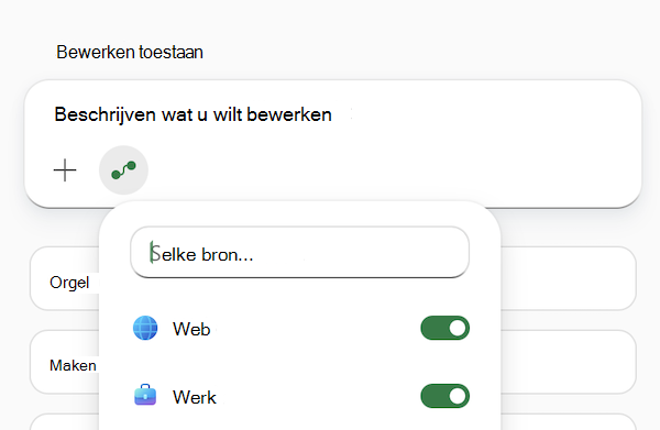 Schermopname van het promptveld Copilot in Excel met het menu Bronnen selecteren geopend.