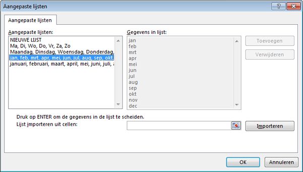 Dialoogvenster Aangepaste lijsten