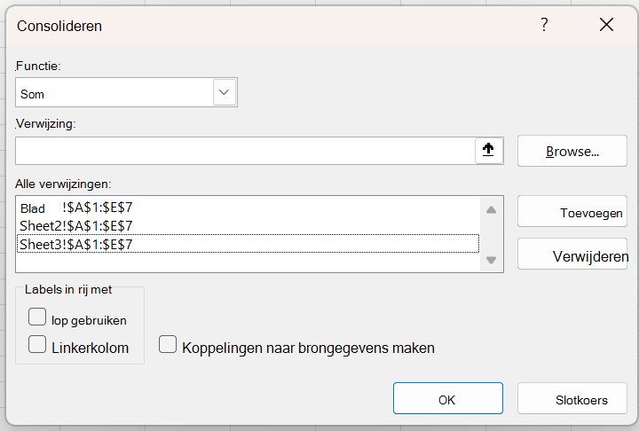 Het dialoogvenster Samenvoegen met meerdere verwijzingen die moeten worden samengevoegd met de functie SOM.
