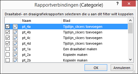 Rapportverbindingen voor slicers via Opties voor hulpmiddelen > voor slicers