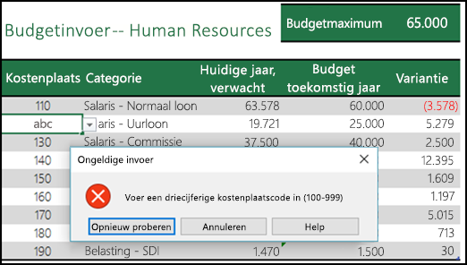 Voorbeeld van een ongeldig invoerbericht