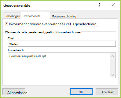 Optie Invoerbericht gegevensvalidatie
