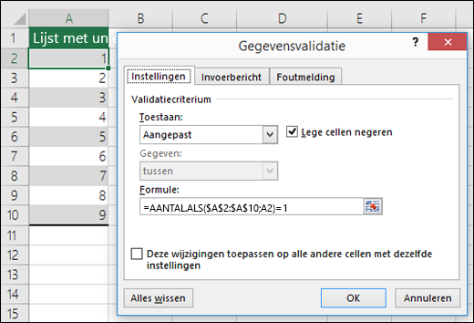 Voorbeeld 4: Formules in gegevensvalidatie