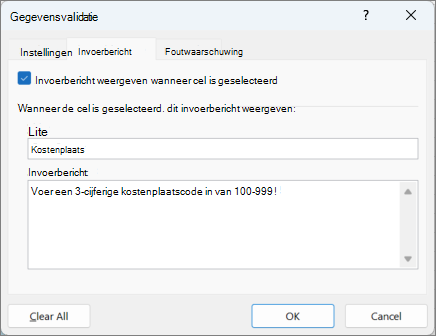 Berichtinstellingen invoeren in het dialoogvenster Gegevensvalidatie