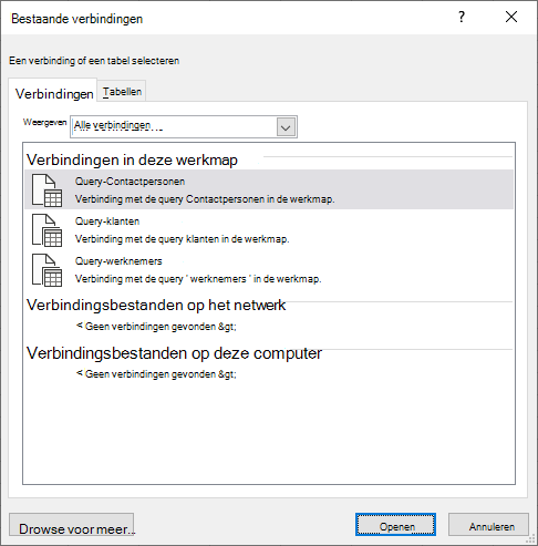 In het dialoogvenster Bestaande Connectios in Excel wordt een lijst weergegeven met gegevensbronnen die momenteel in de werkmap worden gebruikt