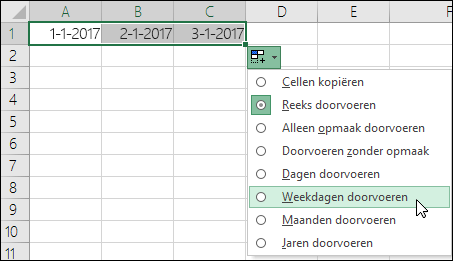 De vulgreep gebruiken om een lijst met opeenvolgende datums te maken