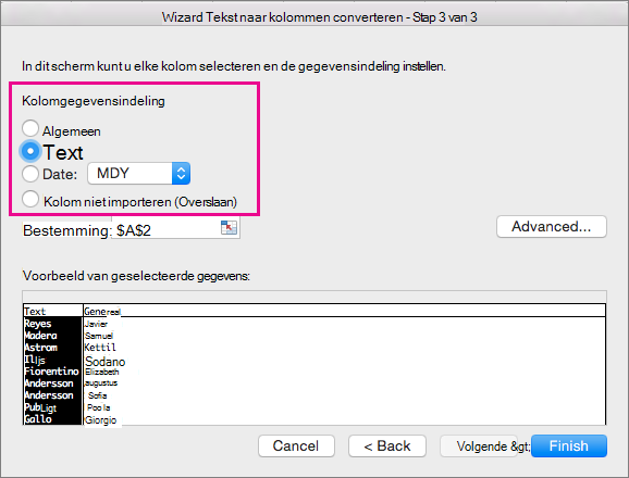 Stap 3 in de wizard, tekstoptie geselecteerd