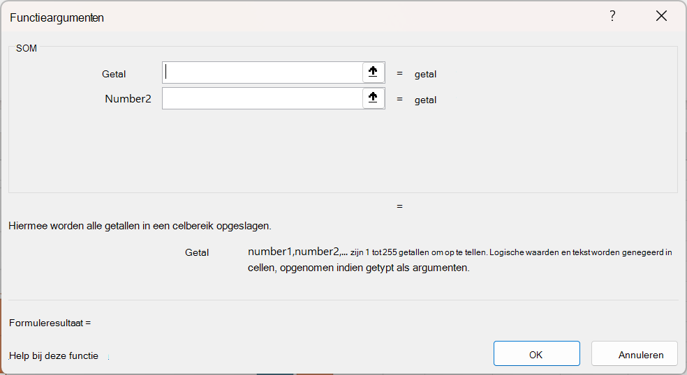 Excel-functieargumenten dialoogvenster