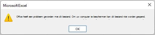 Een dialoogvenster waarin staat dat Excel een probleem met dit bestand heeft gedetecteerd en dat het niet kan worden geopend.