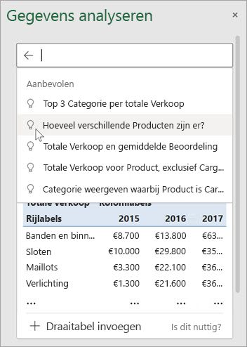 Gegevens analyseren in Excel biedt u voorgestelde vragen op basis van een analyse van uw gegevens.