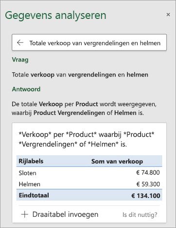 Analyseer gegevens in Excel en beantwoord een vraag over het aantal verkochte sloten of helmen.