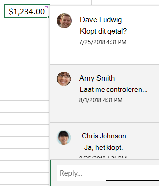 Cel met $1.234,00 en een gekoppelde thread met opmerkingen: Dave Ludwig: Is dit cijfer juist? Amy Smith: Laat me eens kijken... enzovoort