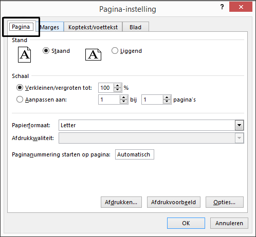 Dialoogvenster Pagina-instelling