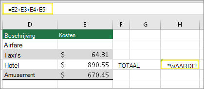 Cel H4 met formule =E2+E3+E4+E5 en resultaat van #VALUE!