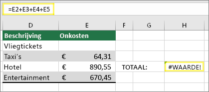 Cel H4 met =E2+E3+E4+E5 en resultaat van #VALUE!