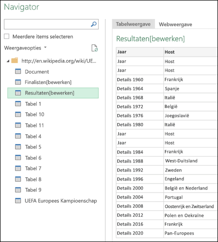 > Power Query vanuit de tabelweergave van de webnavigator >