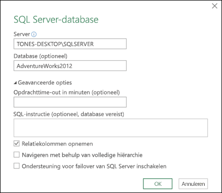 Het dialoogvenster SQL Server-databaseverbinding in Power Query 