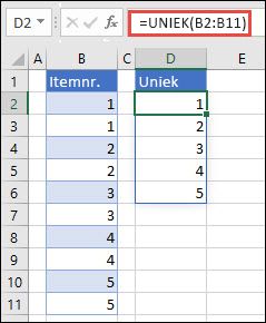 Voorbeeld van het gebruik van =UNIEK(B2:B11) om een unieke lijst met getallen te retourneren