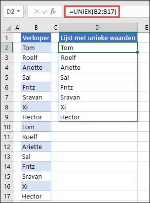 De functie UNIEK voor het sorteren van een lijst met namen