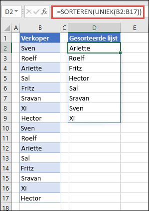 UNIEK met SORTEREN gebruiken om een lijst met namen in oplopende volgorde te retourneren