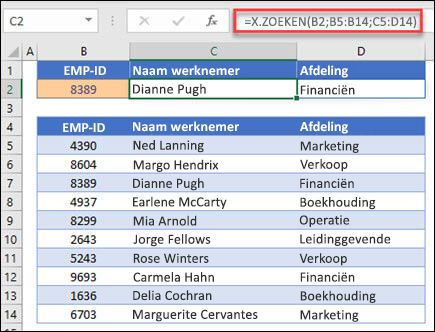 Voorbeeld van de functie X.ZOEKEN die wordt gebruikt om de naam en afdeling van een werknemer te retourneren op basis van employee IDt. De formule is: =XLOOKUP(B2,B5:B14;C5:D14;0;1)