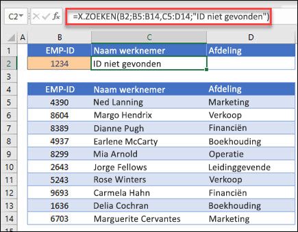 Voorbeeld van de functie X.ZOEKEN die wordt gebruikt om een werknemernaam en afdeling te retourneren op basis van de werknemer-id met het argument if_not_found. De formule is =XLOOKUP(B2;B5:B14;C5:D14;0;1;Werknemer niet gevonden)