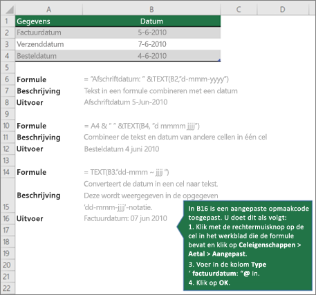 Voorbeelden om te laten zien hoe formules tekst kunnen combineren met datum- en tijdwaarden