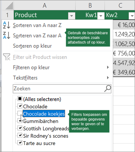 Sorteren of een filter toepassen op de tabel