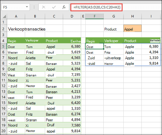 De functie FILTER - Filter regio per Product (Apple)