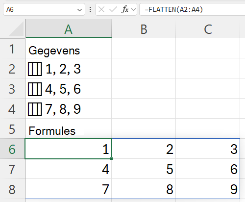 AFPLATTEN gebruiken in een kolom met cellen die elk een geneste rij bevatten, waardoor een plat raster van drie bij drie ontstaat