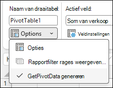 Schermopname van het menu Opties voor excel-draaitabel. In de bovenste sectie ziet u de naam van de draaitabel: Draaitabel1. Hieronder wordt een vervolgkeuzemenu met het label Opties uitgevouwen, met drie items: Opties, een grijs weergegeven Rapportfilterpagina's weergeven... en een ingeschakelde optie GetPivotData genereren.